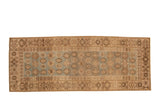 Vintage Hamadan rug runner with repeating geometric guls on a dusty blue field and a wide beige border.