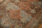 Vintage Malayer rug segment: distressed diamond floral motif, abrashes, meandering border in teal, red, charcoal.