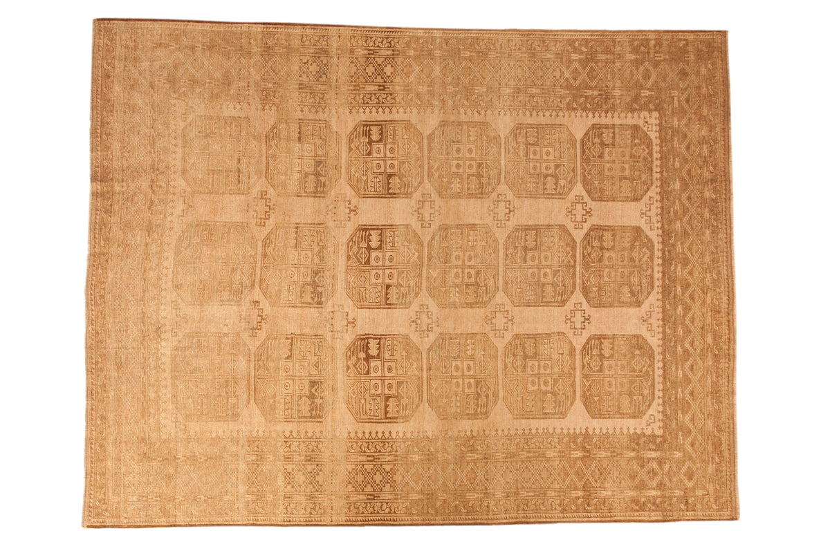Vintage distressed Ersari carpet with elephant footprint guls in neutral sand and beige tones, size 7'8" x 9'9".