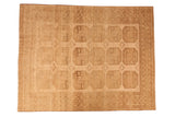 Vintage distressed Ersari carpet with elephant footprint guls in neutral sand and beige tones, size 7'8