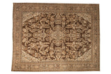 Vintage distressed Kaboutrahang carpet with a central floral medallion in chocolate brown and silver tones.