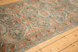 Angled view of the distressed Persian Malayer's worn pile, showing its arabesque floral border.
