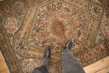 Overhead view of a vintage distressed Bakhtiari rug, showing the low-pile texture and central medallion.