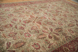 Angled perspective showing the low-pile texture and allover floral design of the vintage Sivas carpet.