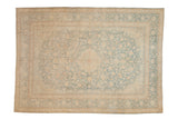 Distressed Persian Kashan rug with a central medallion and floral field in pale sky blue and muted silver tones.