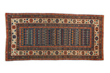Antique Caucasian runner with sapphire blue field, rowed floral patterns, and a vibrant crab-style border.