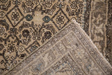 Vintage Distressed Hamadan rug pile, foundation showing through, beige, charcoal, dusty blue Herati.