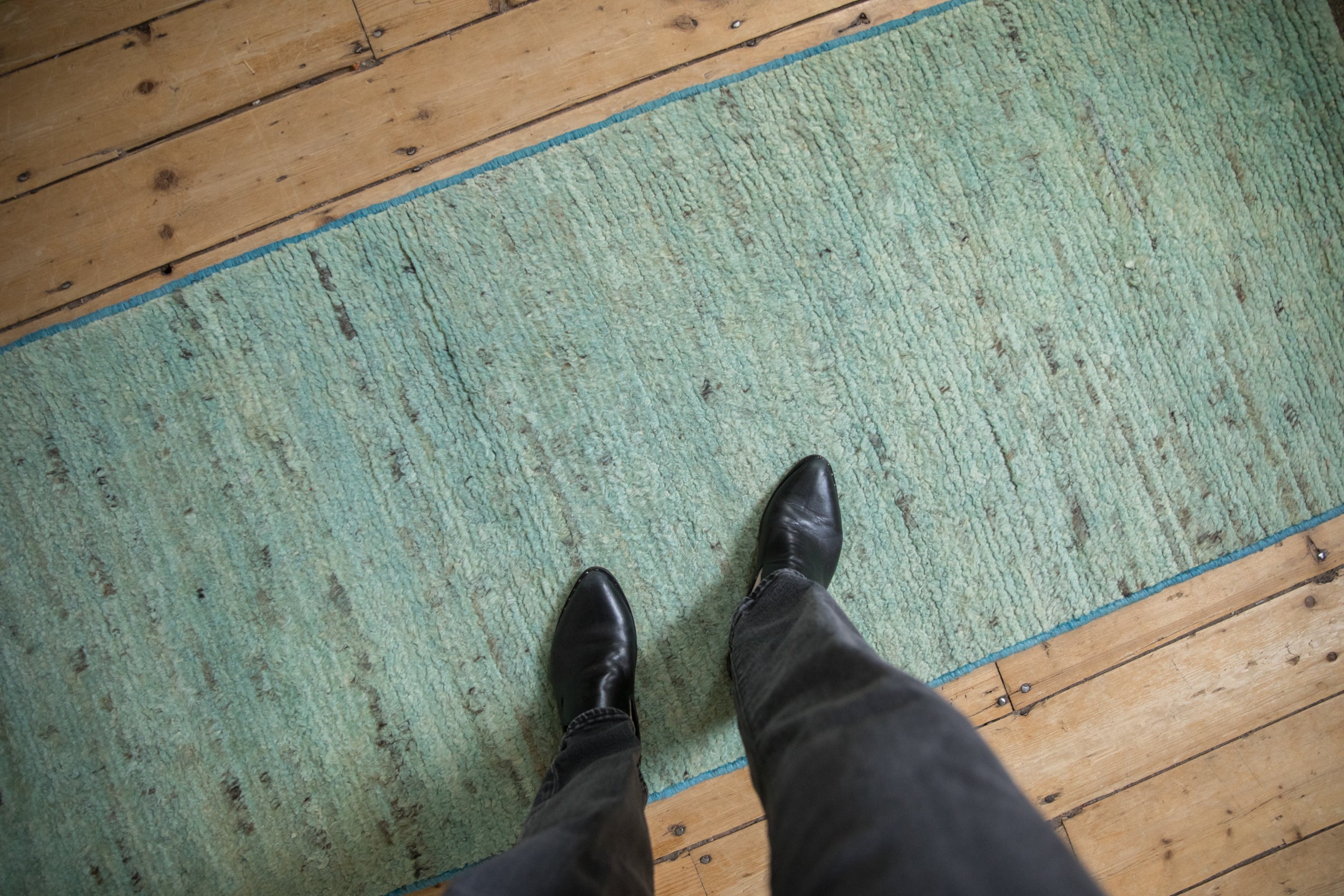 Plush powder blue Moroccan design runner, abrashed silver tones, and bright blue selvage.