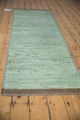 Abrashed powder blue and silver pile detail showing blue side cord selvage and dark end.