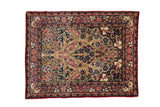 Antique Kerman tree of life rug: cochineal red, navy floral pattern, 2'1