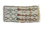 Vintage 1980s Moroccan rug runner, ivory field, abstract diamonds and playful motifs in vibrant hues.