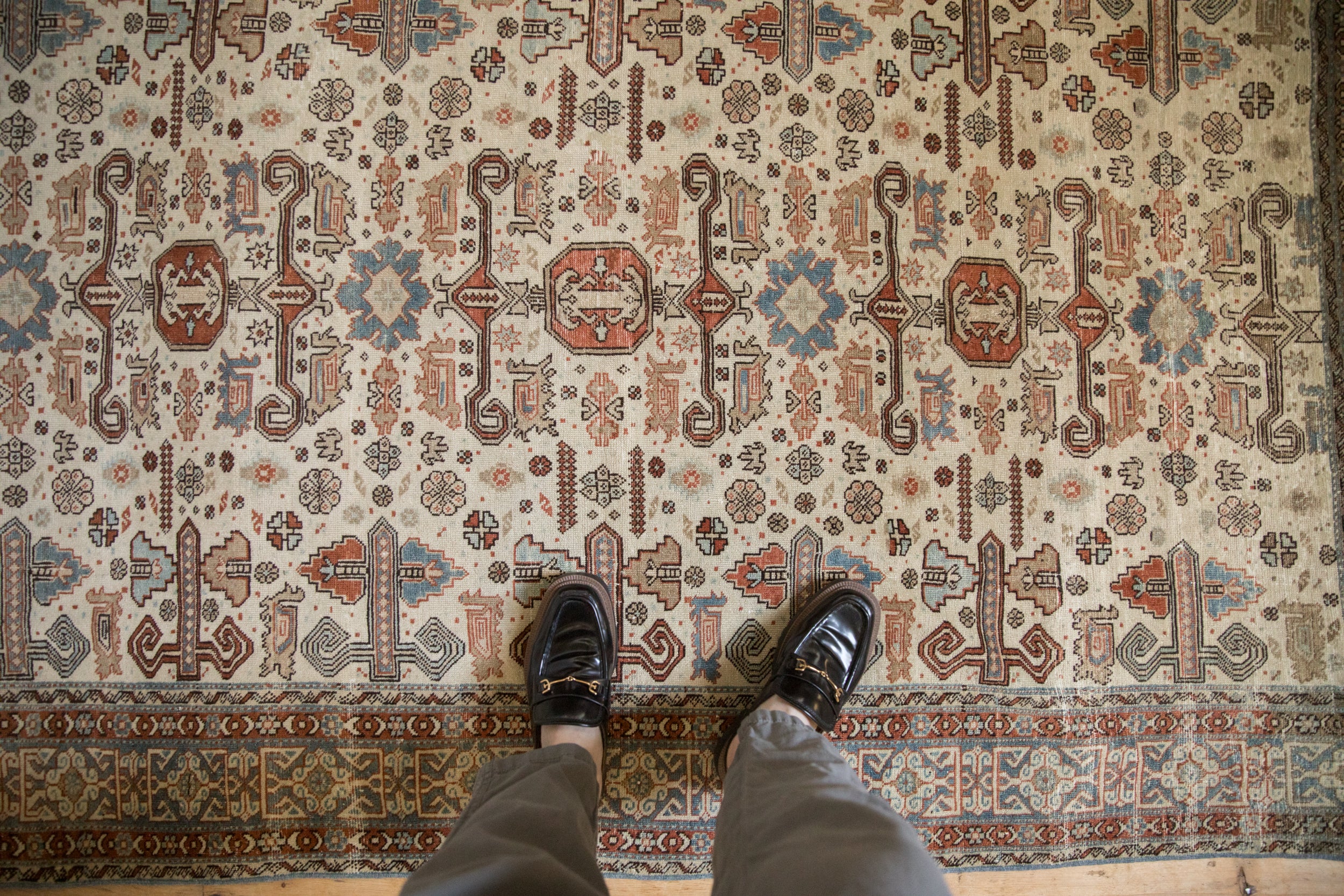 Distressed vintage Persian Ardebil rug, ivory, terra cotta, slate blue Perpedil pattern.