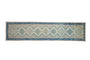 Vintage Distressed Hamadan runner with geometric diamond medallions in dusty blue, pale rose, and ivory, 2'5" x 10'.