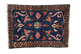 Vintage Borchalou rug, sprawling pink and green florals on deep cobalt blue, 2'9