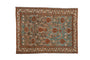 Distressed Malayer square rug with allover geometric and stylized florals in faded teal, rust, and ivory, 4' x 5'2".