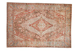 Antique Distressed Sarouk carpet, ruby red field, central medallion, and blue borders.