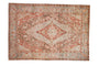 Antique Distressed Sarouk carpet, ruby red field, central medallion, and blue borders.