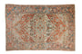 Distressed Vintage Bakhtiari rug, starburst medallion, botanical patterns in faded red, blue, beige.