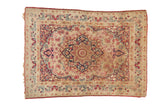 Antique Kerman square rug, concentric floral medallion, book cover spandrels, ivory, navy, red.