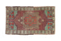 Distressed vintage Oushak rug mat, rose and sage medallion, geometric border, 1'6" x 2'9".