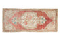 Vintage distressed Oushak rug runner, abrashed red, beige, and teal floral medallion. 1'7" x 3'7".