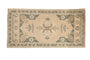 Distressed Oushak runner, faded ivory and dusty teal medallion with vine border, 2' x 3'11".