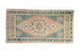 Vintage Distressed Oushak rug mat with peach medallion, dusty teal, and vine border.