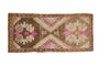 Vintage distressed Kars runner rug, geometric floral design, dark brown, magenta, ivory. 1'9" x 3'7".