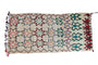 Vintage Moroccan runner rug, ivory with abstract starbursts in red, green, yellow, blue. 3'9" x 8'4".