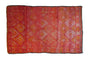 Vintage Moroccan rug with thick pile, tomato red field, ivory and saffron diamond lattice.