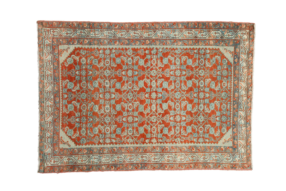 Distressed vintage Hamadan square rug with allover Herati pattern in rust red and soft blue.