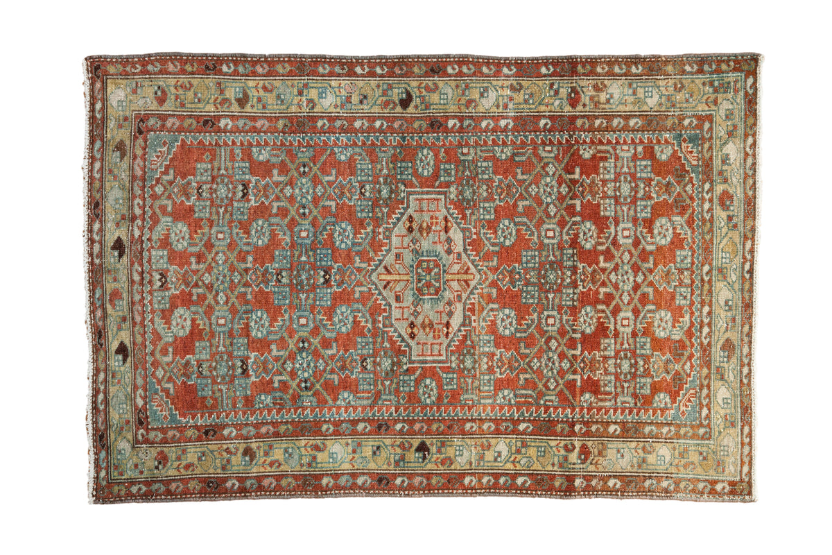 Faded vintage Persian Mehraban rug, chestnut rust, dusty teal, geometric medallion, Herati field. 3'3" x 4'11".