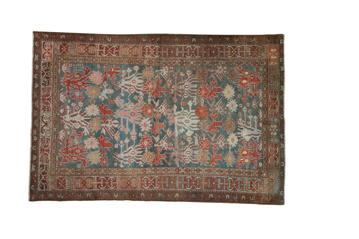Distressed vintage Hamadan rug, dusty teal, cherry red florals, crab border, 4x6.