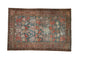 Distressed vintage Hamadan rug, dusty teal, cherry red florals, crab border, 4x6.