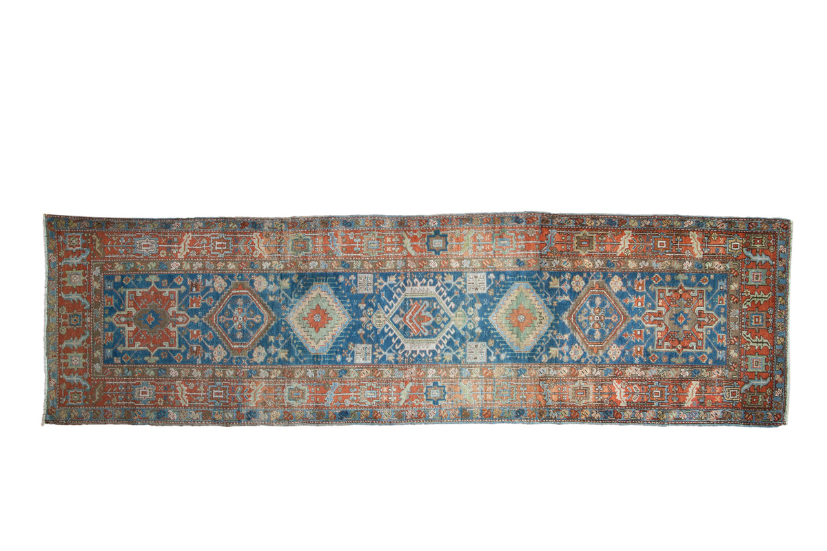 Distressed antique Heriz runner, sapphire blue Karaja medallions on madder red, 3x10'8".