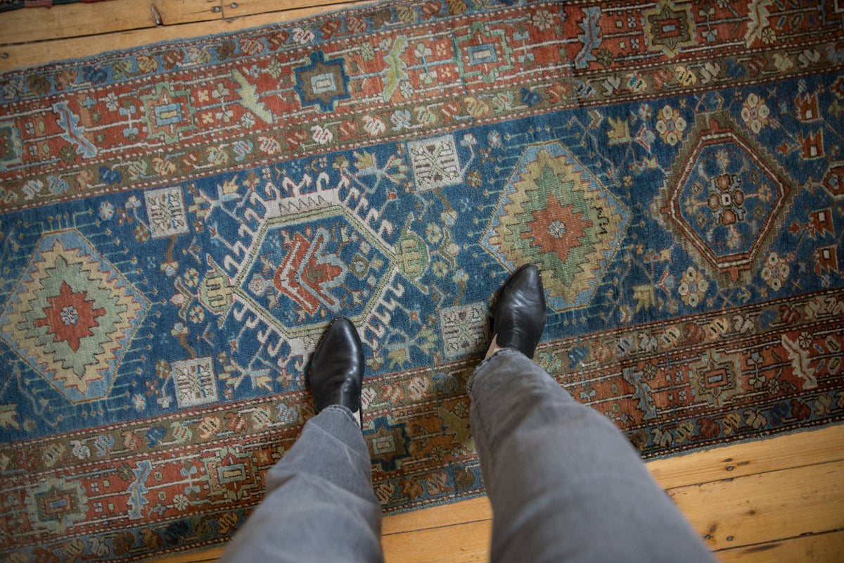 Distressed antique Heriz runner, Karaja stylized medallions, geometric border, sapphire blue, madder red.
