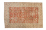 Distressed vintage Tabriz carpet, cherry red allover field with elaborate ivory palmettes.