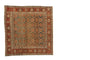 Distressed vintage Malayer square rug, dusty teal field, madder red borders, allover Mina Kahni floral.