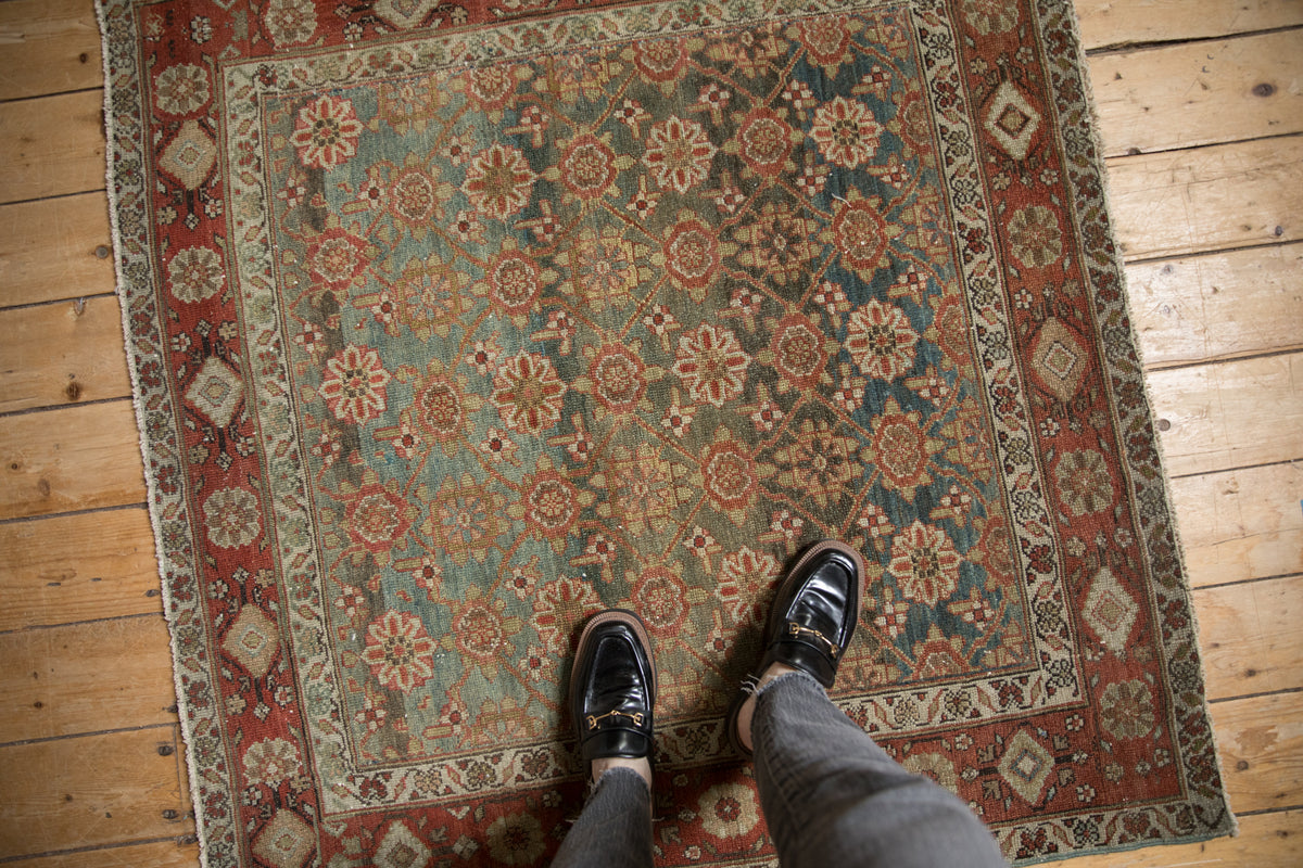 Distressed vintage Malayer rug, Mina Kahni floral design, faint foundation, dusty teal, madder red.