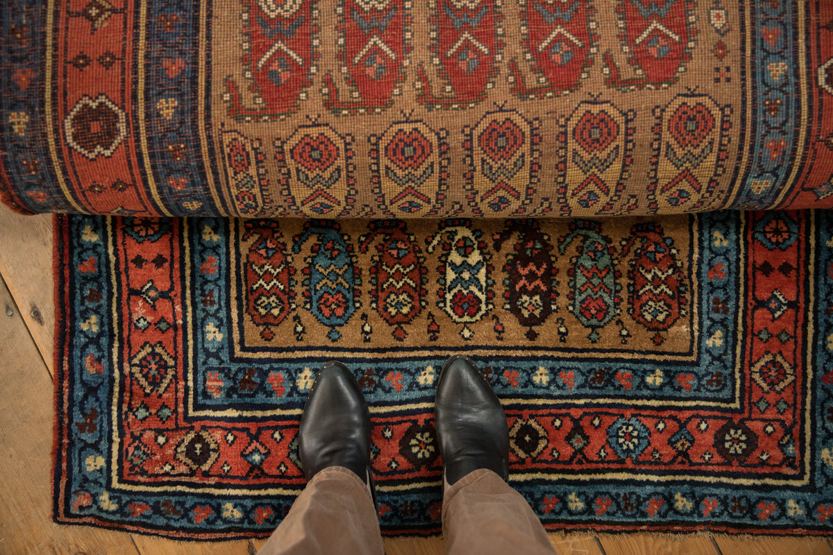 Antique Bijar hand-knotted runner with detailed allover boteh pattern and red, blue, sand palette.