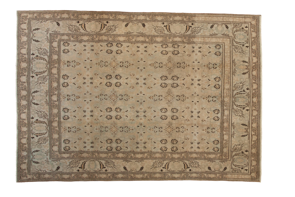 Distressed Persian Meshed rug with allover floral, palmette border, seafoam green, sand, brown, 6'9" x 9'8".
