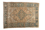 Vintage Distressed Heriz Carpet with central diamond medallion in sand and dusty blue-green.