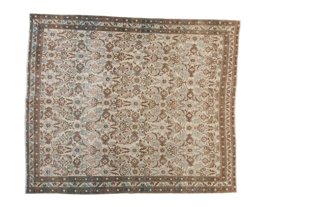 Distressed vintage Persian Bibikabad rug, allover ivory and brown Herati pattern with blue.