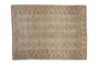 Distressed vintage Ersari carpet with geometric guls, abrashed sand and beige ground, rams horn border, 5'6" x 7'5".