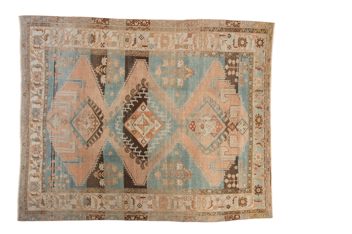 Unique distressed Malayer rug, triple geometric medallions, Herati border, soft peach and blue.