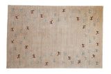 Indian Folk Art carpet, 6x9, with primitive teal and brown art silk animals.