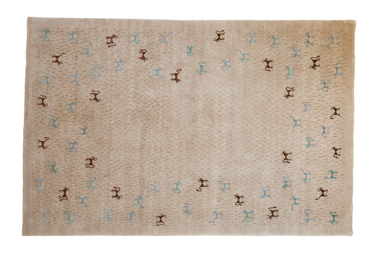 Indian Folk Art carpet, 6x9, with primitive teal and brown art silk animals.