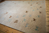 Indian folk art rug pattern, simplistic teal, brown, and oxidized silver art silk animals.
