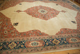 View across the vintage Bulgarian Tabriz carpet's plush ivory field toward the dusty blush and navy border.