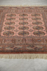 Plush dusty rose pile of a vintage Bokhara rug with navy and brown gul medallions.